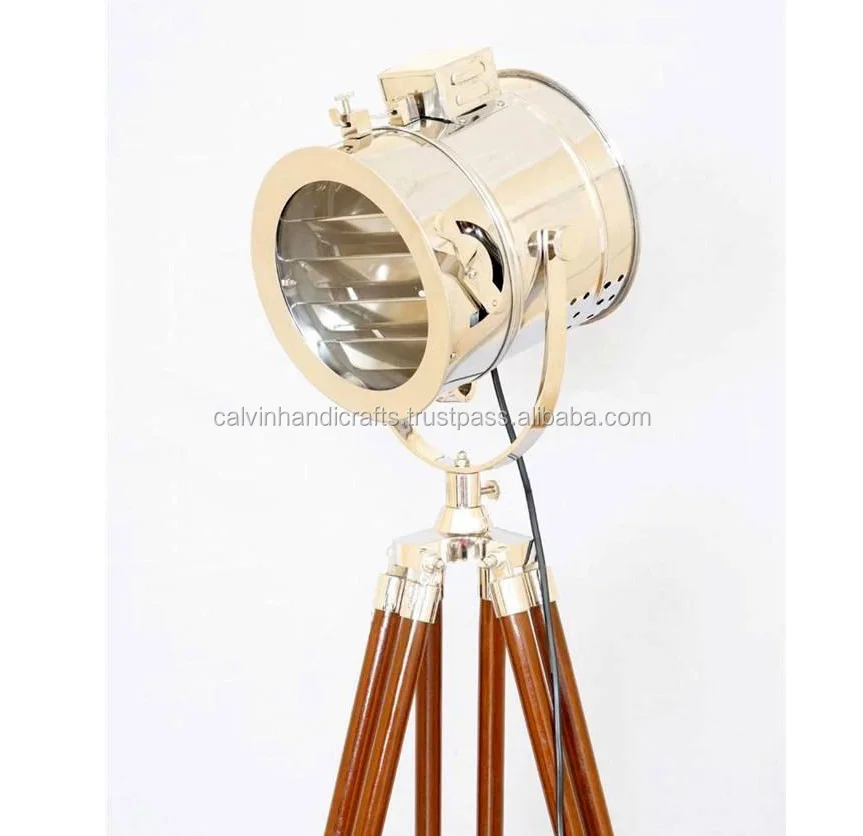 Antique Brass Nautical Tripod Spot Searchlight with Stand Marine Floor Lamp Home &Office Decoration Brass Wood Calvin Handicraft