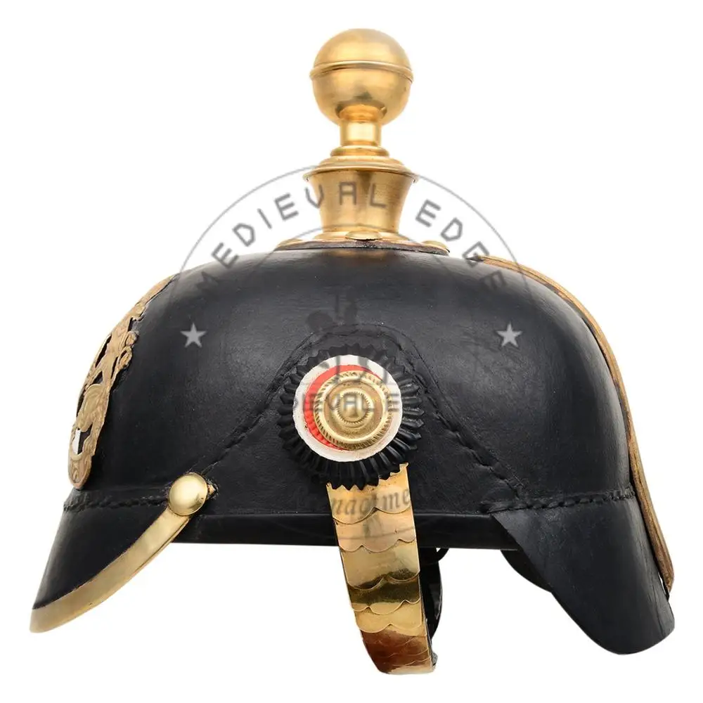 Acheter Casque Impérial Prussien En Cuir Pickelhaube Officier Militaire En Laiton à Pointes Costume Pour Homme