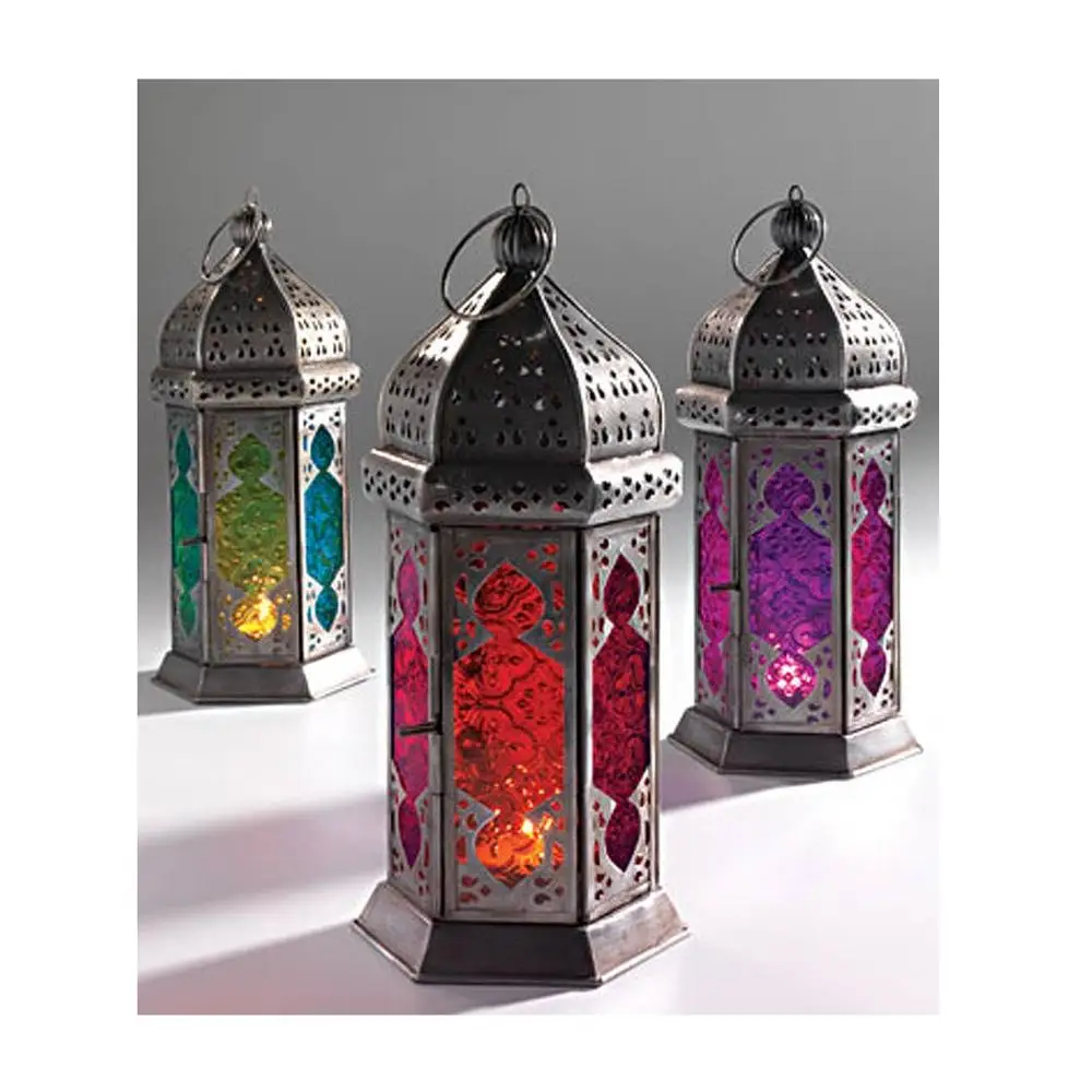 BULK LOTS Small Black Iron Moroccan Style Candle Lanterns with Red Glass Panels 