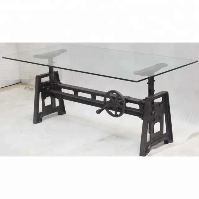 Glass Top Industrial Crank Hand Lifting Adjustable Living Room Coffee