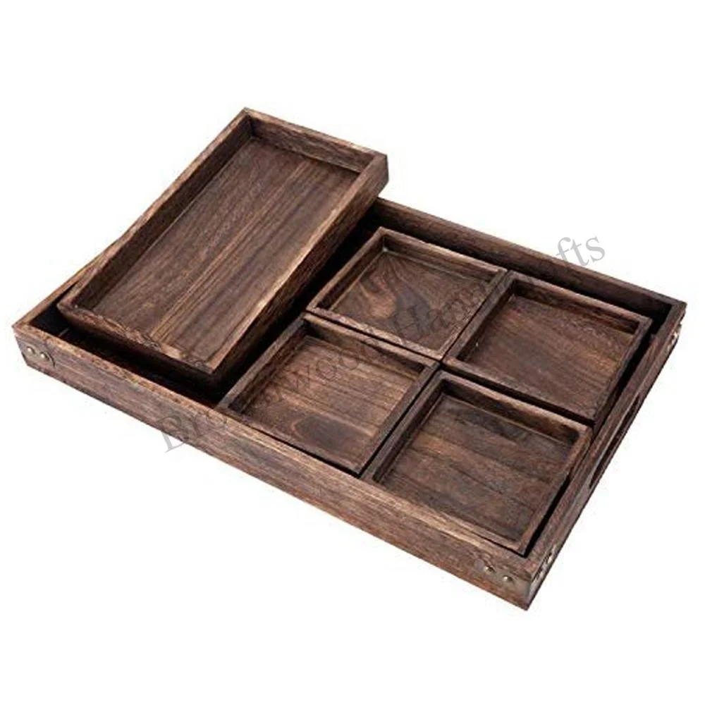 New Designed Solid Wooden Compartment Serving Trays Handmade Wooden