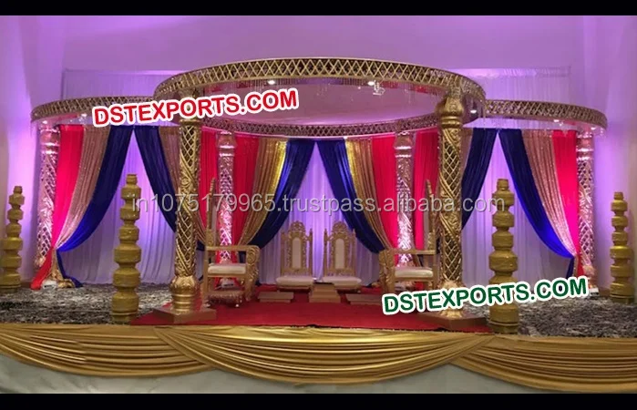 Indian Wedding Golden Carving Mandap Traditional Six Fiber Golden Mandap Small Fiber Statues Decorations