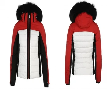 fur red black custom winter down snow Ski soft shell taffeta 25 padded quilted long jacket wind proof breathable