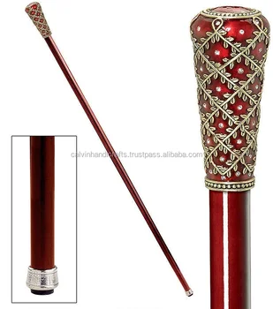 Calvin Handicraft Red Crown Enameled Jeweled Handle Polished Hardwood Walking Stick Cane CHWKS36064