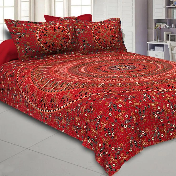 Indian Handmade Mandala King Size 100%Cotton Bed Sheet Bedspread with 2 Pillow 