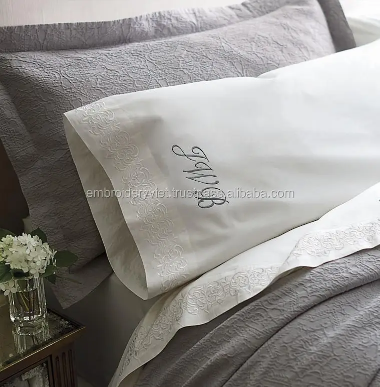 Viet Nam Made Luxury Cotton Duvet Cover Embroidered Bedding Set, Embroidery Design Bed Sheet