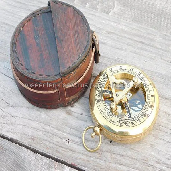 Brass Compass Pocket Sundial Compass Directional Compass with Leather case