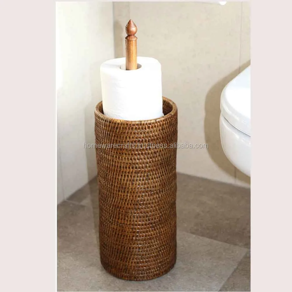 Rattan Cylinder Toilet Roll Holder - Bathroom Storage Rattan Basket