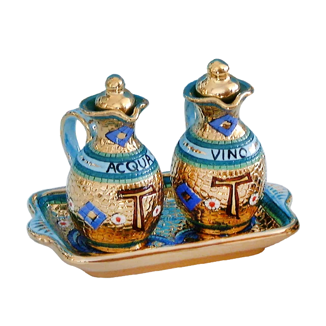 Ceramic Church Cruet Set Hand Painted With Pure Gold Hand Made In Italy