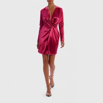 kylie jenner hot pink satin dress Pink Kylie Jenner Short Mini Satin V Neck Dress Long Sleeves Prom Cele Hoprom