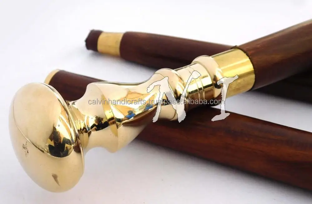 Canne De Marche Victorienne En Bois De Rose - Poignée Laiton - Reproduction Artisanale