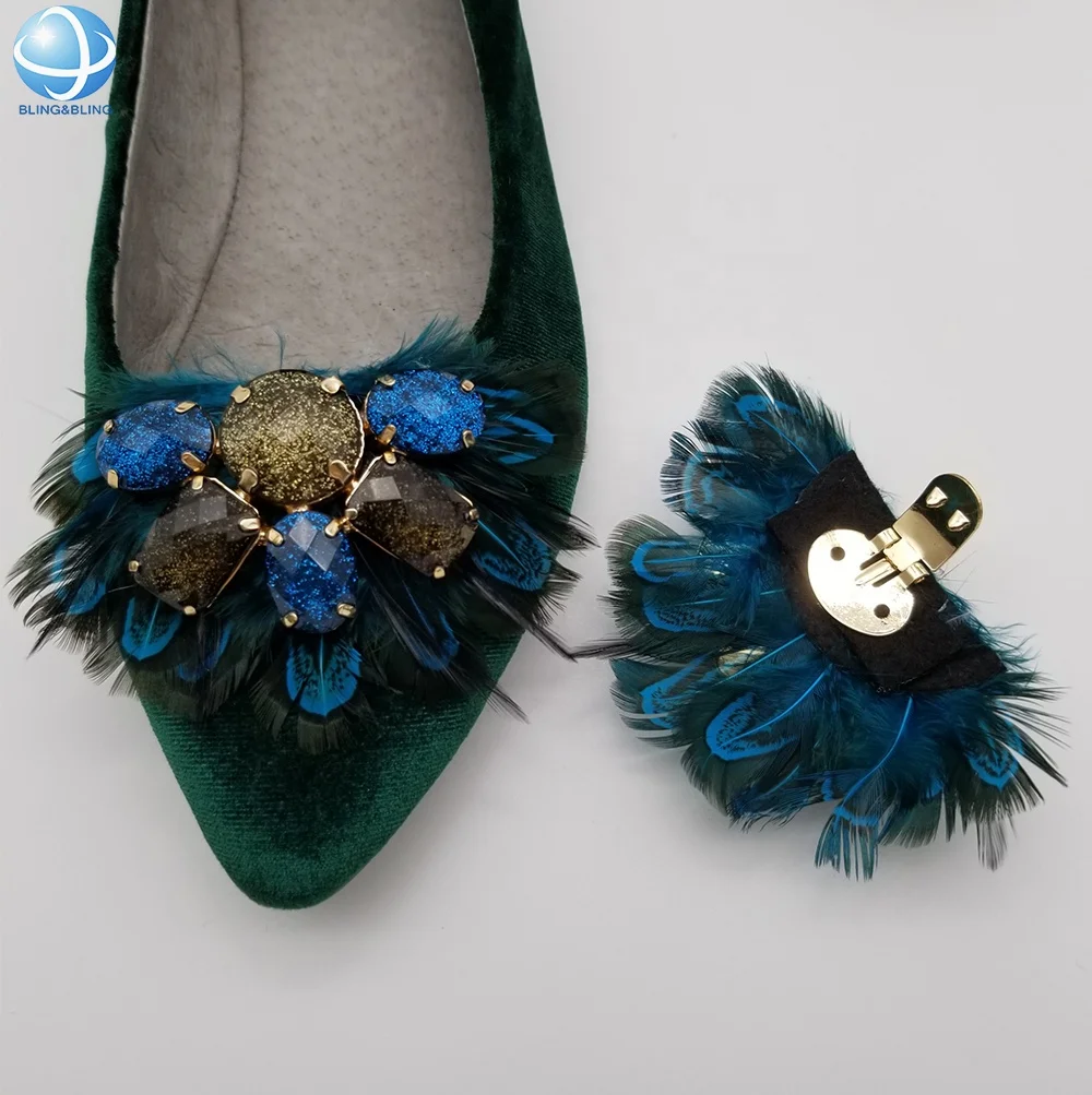 Hot Sale Feathers Jewelry Shoe Clips Decoration Rhinestone Shoe Buckle for Women Shoes Accessories