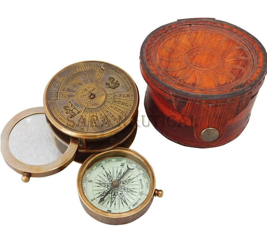 Nautical Antique Brass Magnifying Compass With Leather Case Collectible Item Unique Item For Men