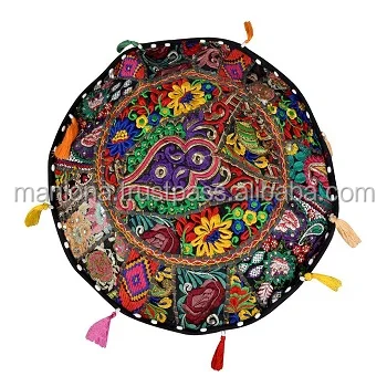 Indian Round Pouf Cover Vintage Ottoman Patchwork Footstool Embroidered Pouffe 