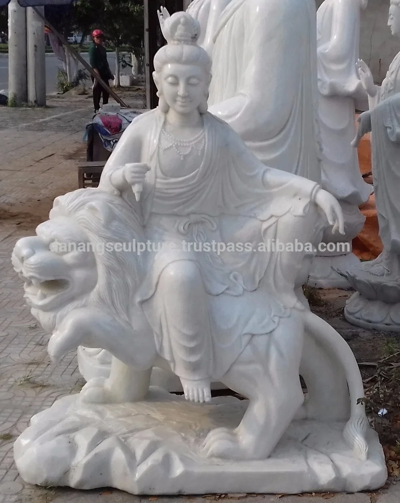 Vietnam Natural Marble Kuan Yin Buddha Sitting on lion Statue Stone Garden Decoration