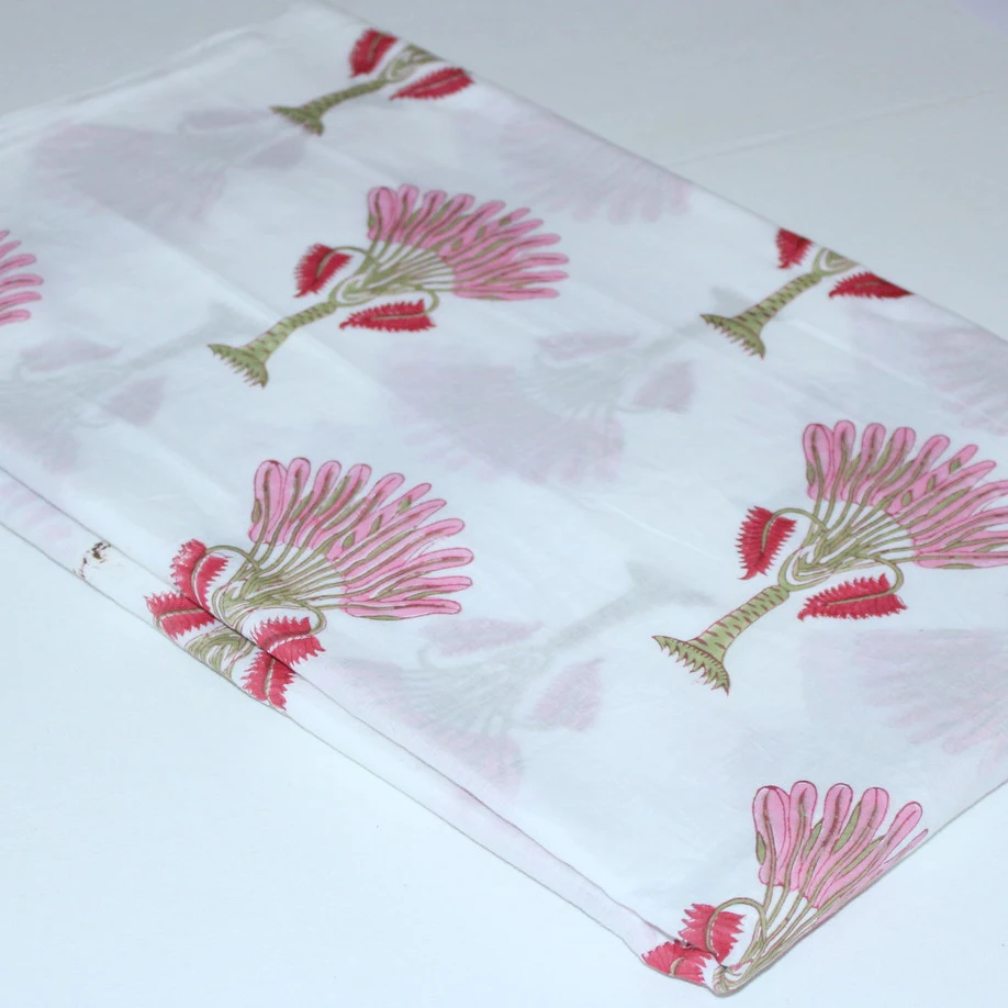 Indian Hand Block Print Soft Cotton Voile Fabric Natural Hand dyed Pink Palm Tree Pattern