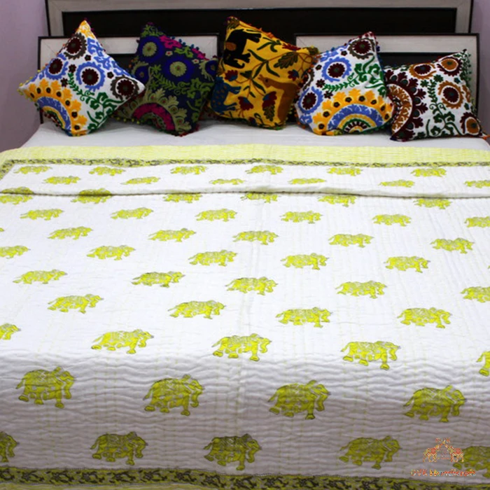 Indian Hand Block Print Twin Kantha Quilt Reversible Bedding Cotton Bedspread 