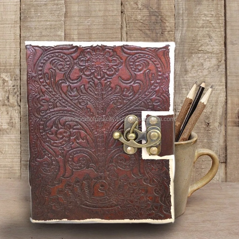 Handcrafted Indian Embossed Leather Journal W/ Wrap Tie Yellow Color