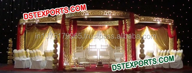 Indian Wedding Golden Carving Mandap Traditional Six Fiber Golden Mandap Small Fiber Statues Decorations