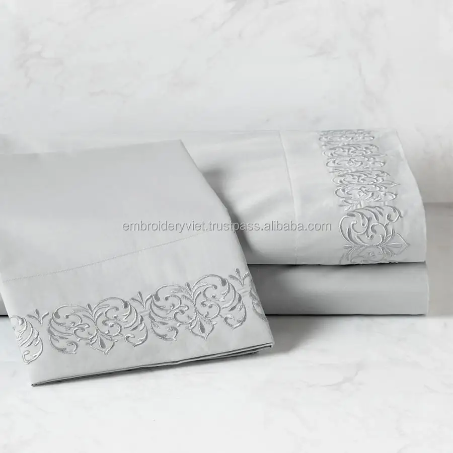 Viet Nam Made Luxury Cotton Duvet Cover Embroidered Bedding Set, Embroidery Design Bed Sheet