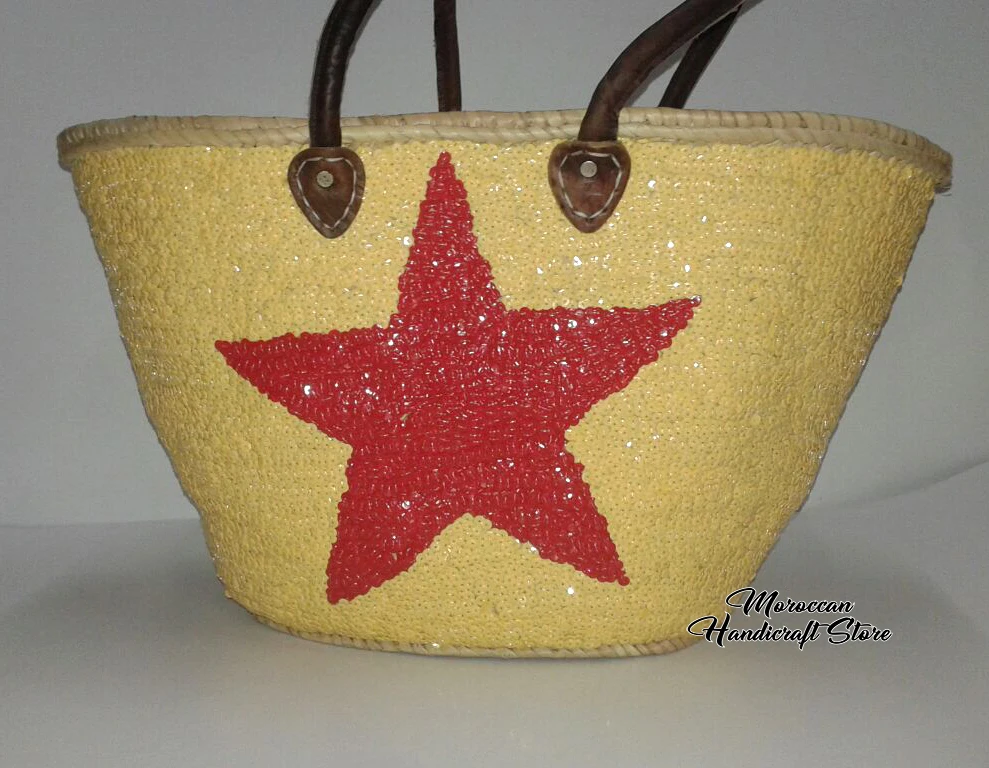 Heart Moroccan Bag Leather Straw Sparkling Sequin Tote French Market Basket 