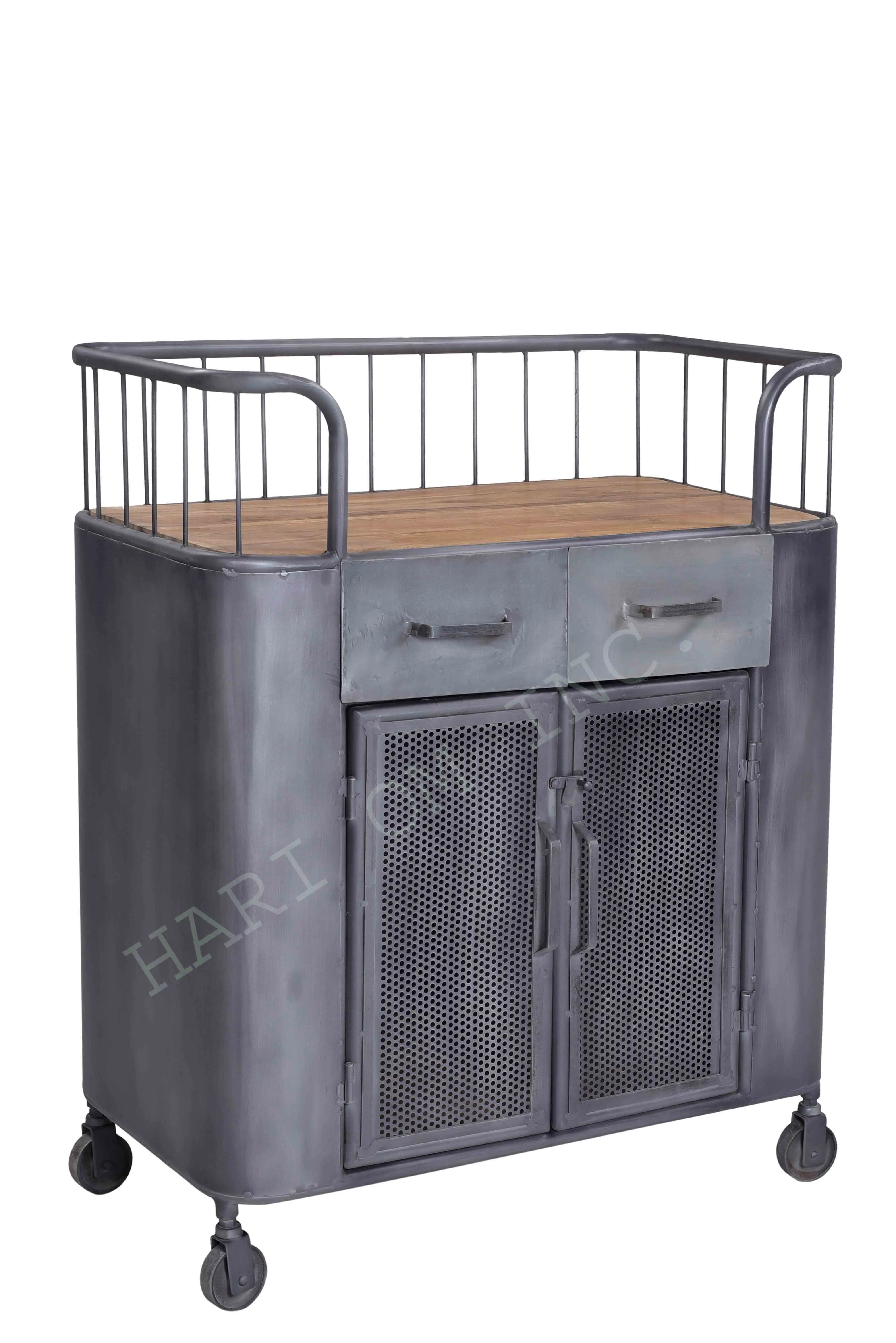 Industrial Wheel Cabinet with Iron Frame and Wooden Shelves