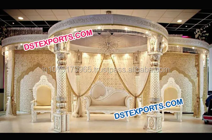 Indian Wedding Golden Carving Mandap Traditional Six Fiber Golden Mandap Small Fiber Statues Decorations