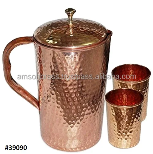 Ship Indian Copper Pitcher Drinkware Set Set of 4 Water Glasses and a Jug Set 