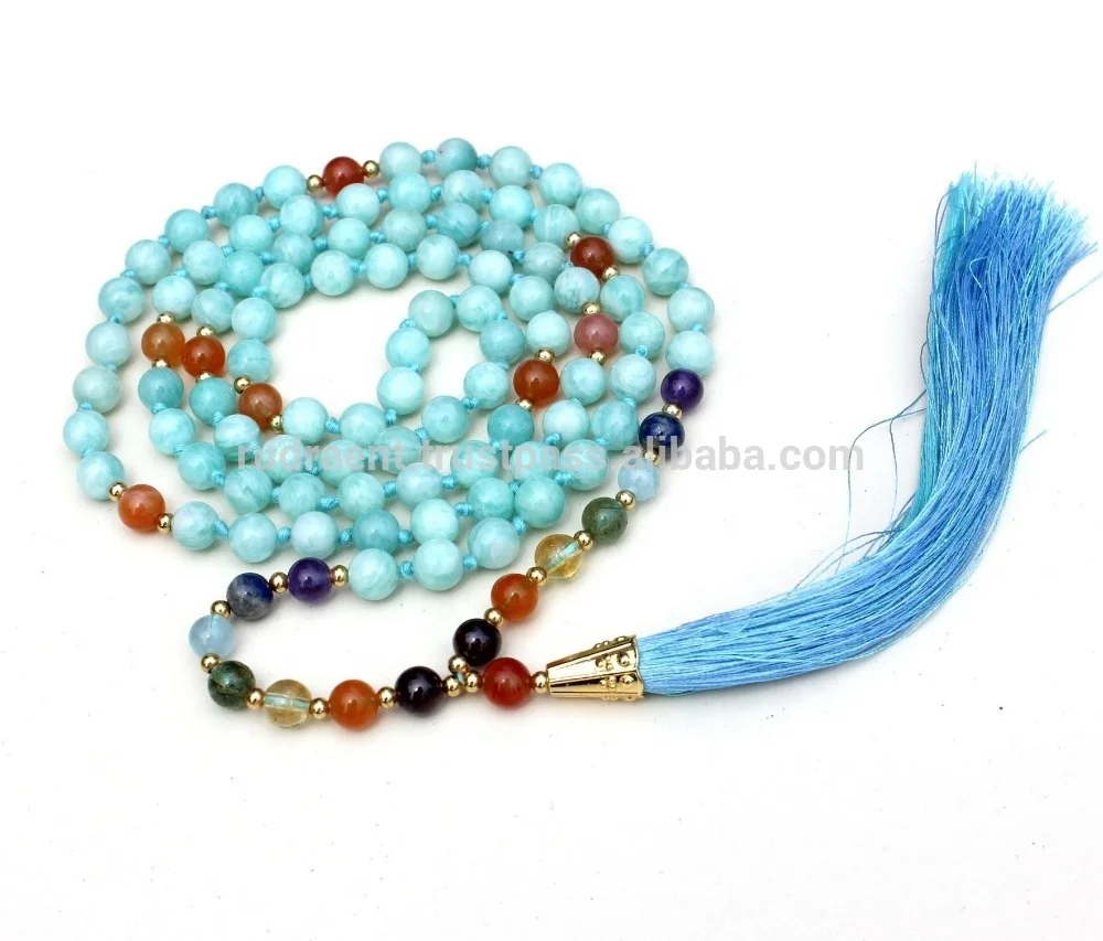 Meditation Mala Necklace Beads Bohemian Gemstone Long Mala Green Bead Stone Tassel Necklace Spiritual Chakra Mala Healing Mala Jewelry