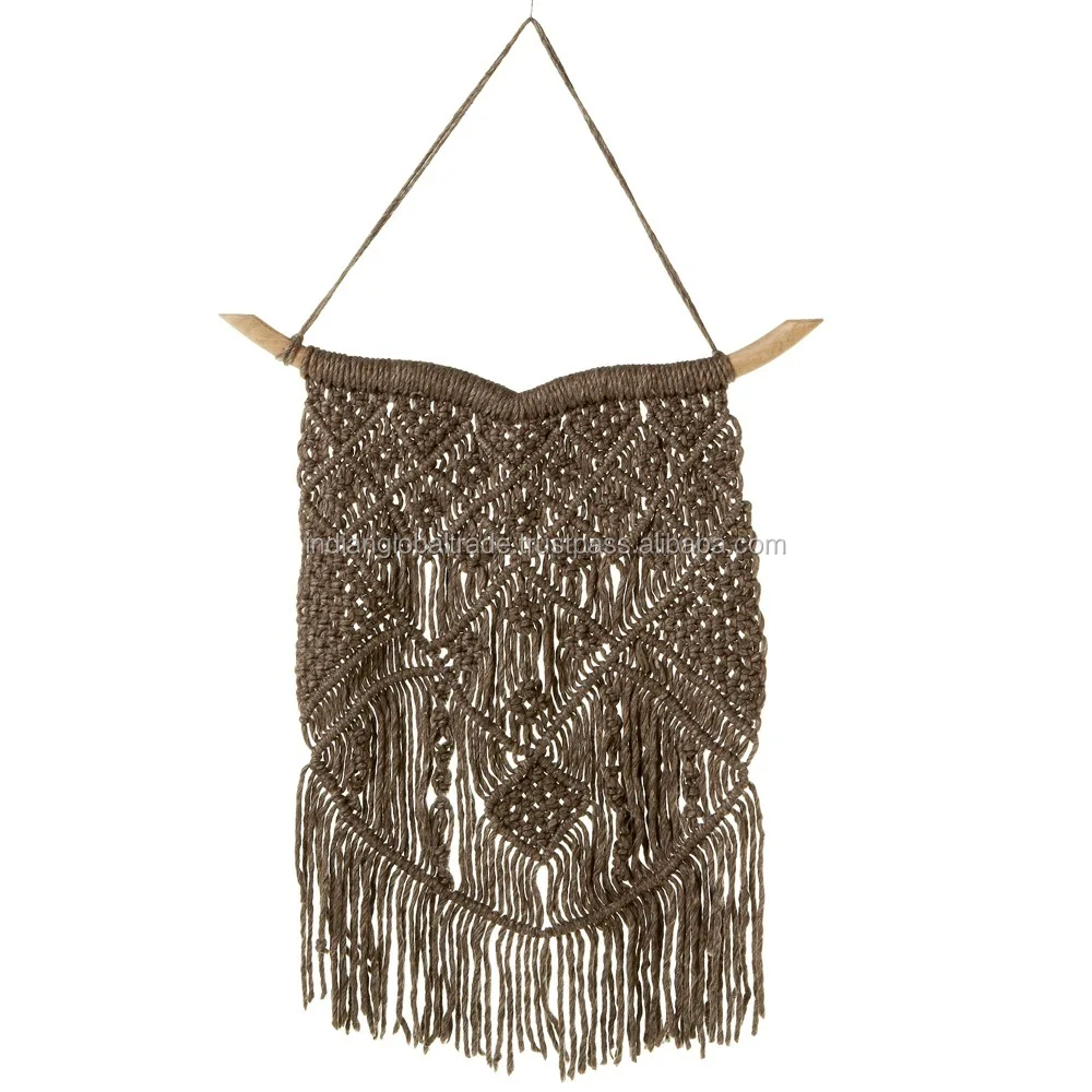 Hand Woven Charcoal Macrame Wall Hanging Bohemian Tassel Art Cotton