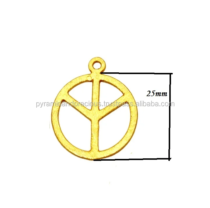 Hippie Peace Sign Round Brushed Gold Plated Metal Charms Pendant - Jewelry Findings Charms
