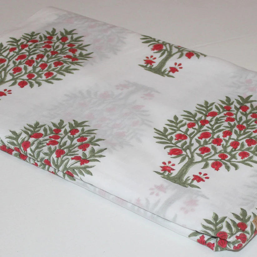 Pomegranate Tree Block Printed Fabric Natural Hand Dyed Un- Stitched Wholesale Pure Cotton Fabric