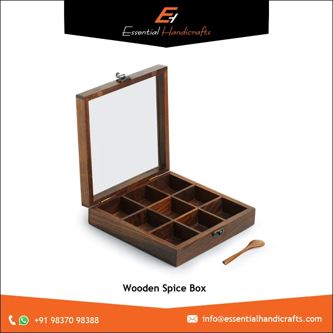 High  Quality Wooden Square Spice Box  9 Containers Masala Dabba Jars Storage for Kitchen Indian Wood Container