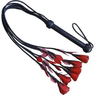 Genuine Real Black Leather Red Rose Flogger HIGH QUALITY WHIP 