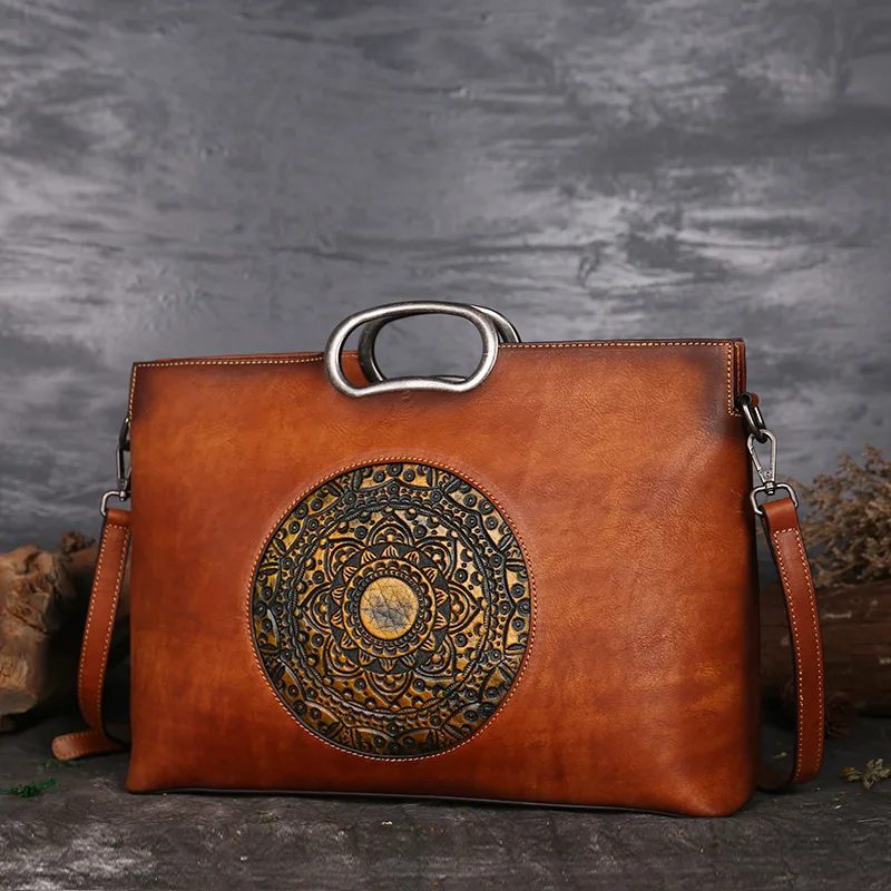 Retro Cow Leather Handbags - Chinese Style Tote Bags