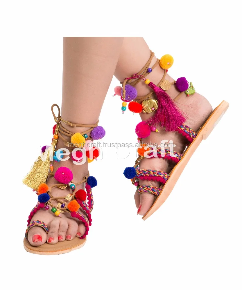 Source Tie Up Gladiator Pom Sandals-Fashion Greek Leather Sandal - Boho Pom Pom -Bohemian Pom Pom sandals on m.alibaba.com