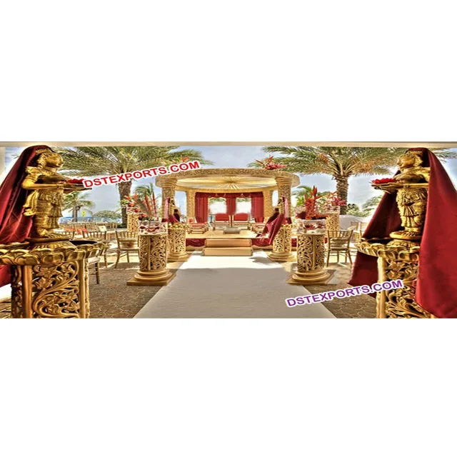 Indian Wedding Golden Carving Mandap Traditional Six Fiber Golden Mandap Small Fiber Statues Decorations