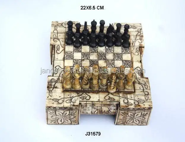 Handmade Chess Set Made in Bone Inlay  With Curving Bone Craft  Indian Handicrafts  Chess Armory Chess Set