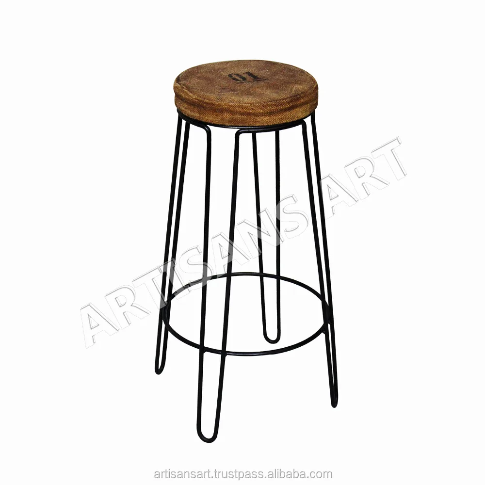 Vintage Industrial Bar Stool With Jute Padded Seat