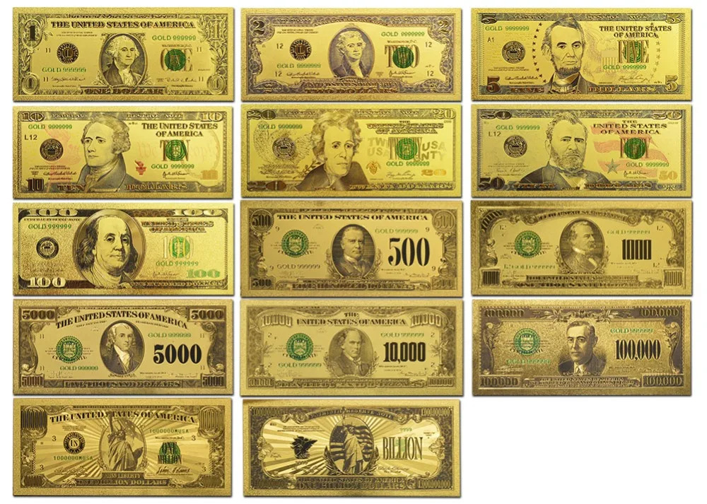 Ensemble de billets de banque plaqués or colorés, argent artisanal