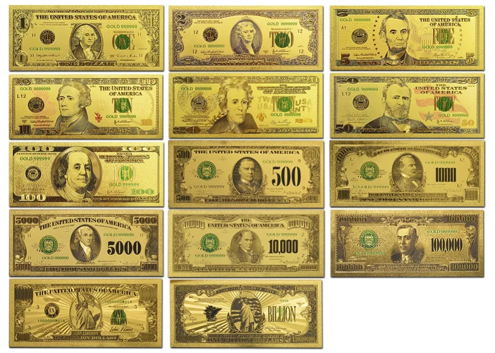 Real Gold Banknote Set USD 1000/100/50/20/10/5/2/1 Notes