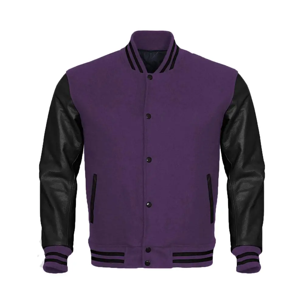 Varsity Letterman Baseball Purple Wool /& Black Genuine Leather Sleeves Jacket