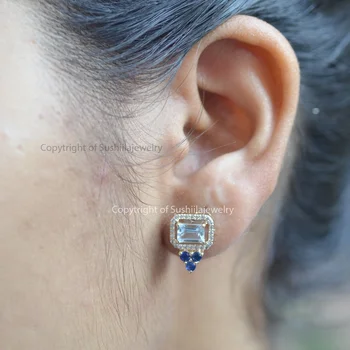 14k Yellow Gold Natural Aquamarime Blue Sapphire Diamond SI Quality H color Gemstone Earrings jewelry manufacturer