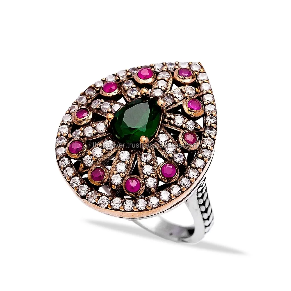 Ottoman Design Emerald Ruby with Zircon Stone Authentic Ring for Woman Turkish Handcrafted Wholesale 925 Sterling Silver Jewelry