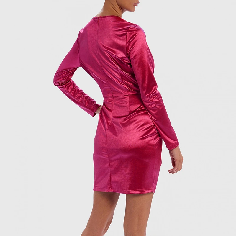 Hot Pink Kylie Jenner Style Satin Long Sleeve Knot Front Wrap Party Women  Dresses Online