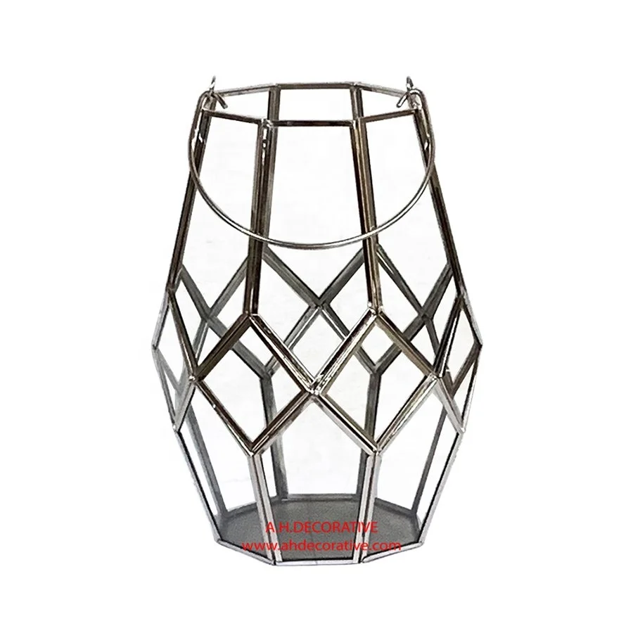 Glossy Gold & Silver Glass Lantern With Handle Christmas Party