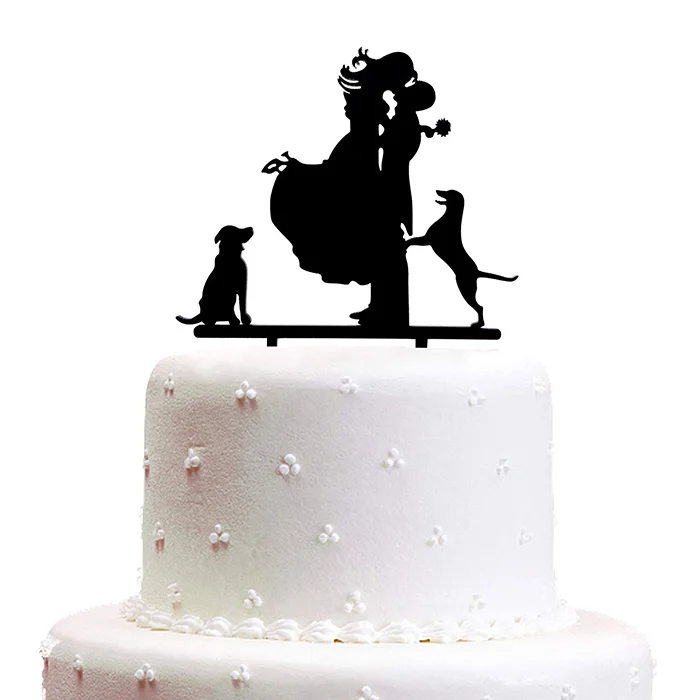 Silhouette Wedding Cake Topper-BRIDE/GROOM/CHIENS-en acrylique noir-décoration-SIGNE