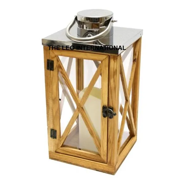 Фонарь для свечи квадратной формы из дерева и нержавеющей