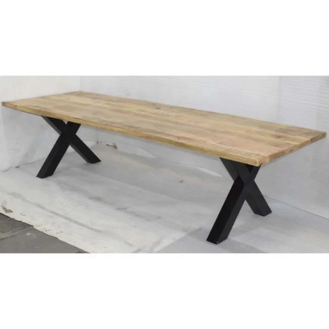Iron X Leg Industrial Style Rustic Solid Mango Wooden Top Extra Long