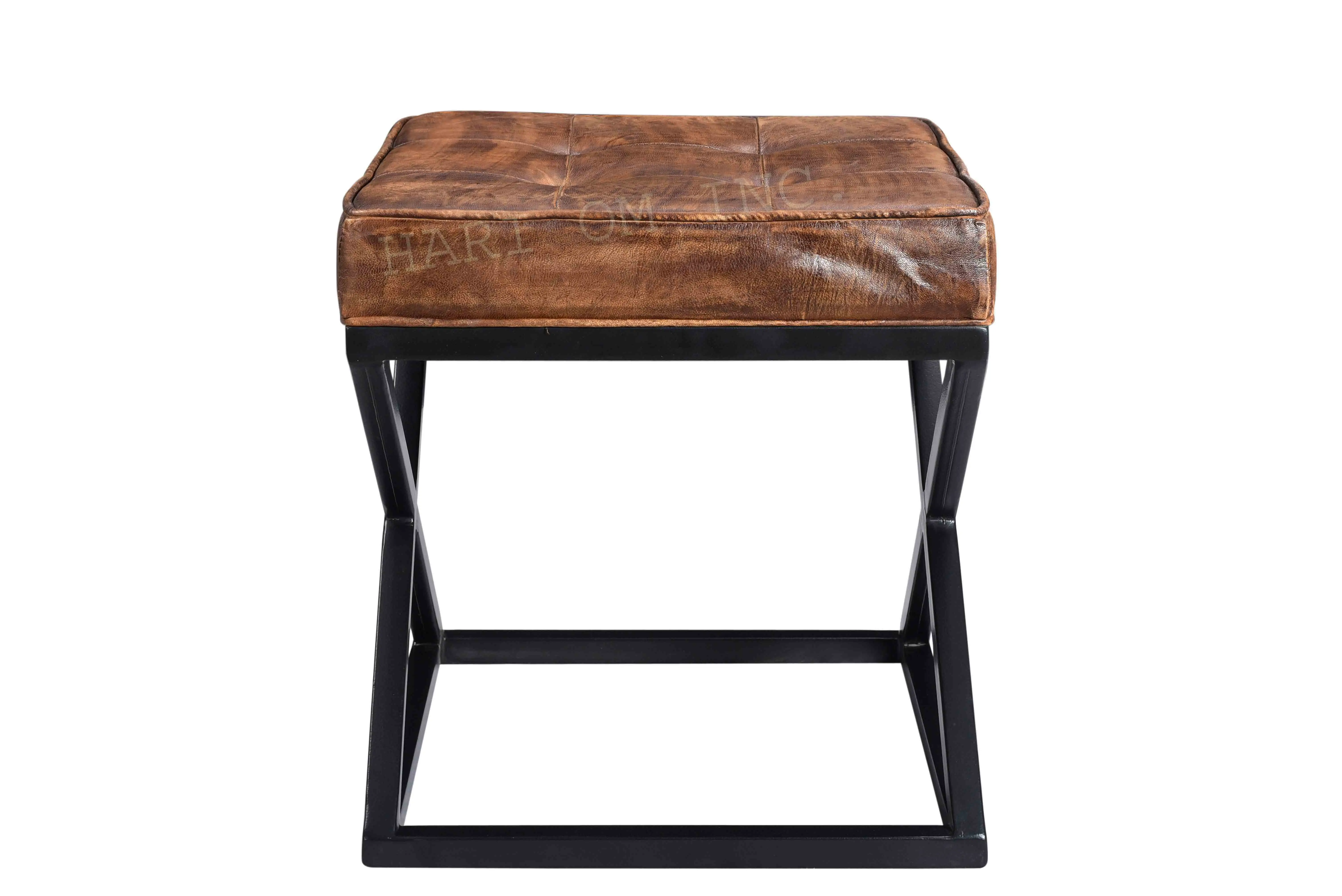 Industrial Ottoman Stool with PU Leather Top and Iron Base